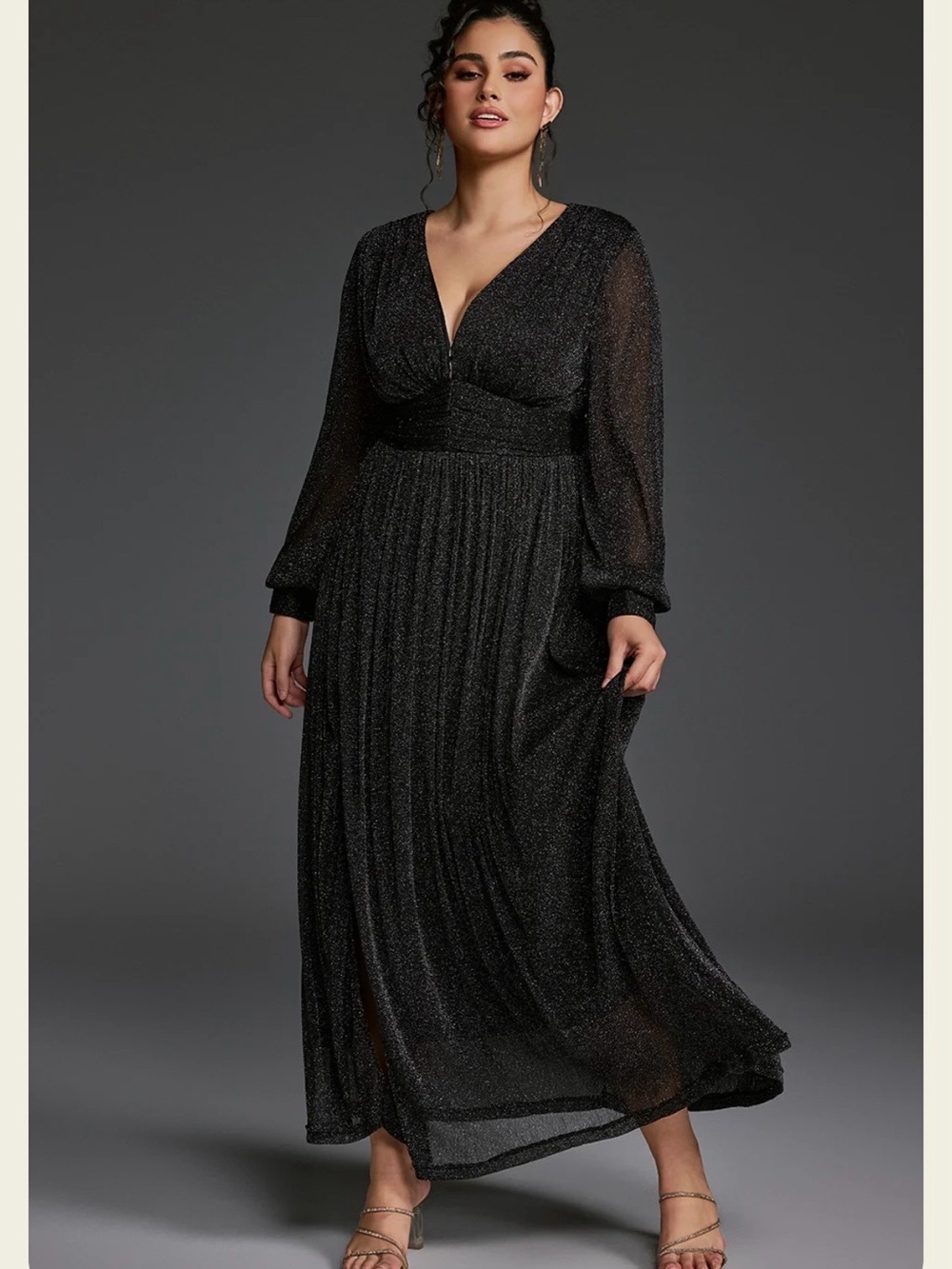 Black Glitter V-Neck Long Sleeve Maxi Dress